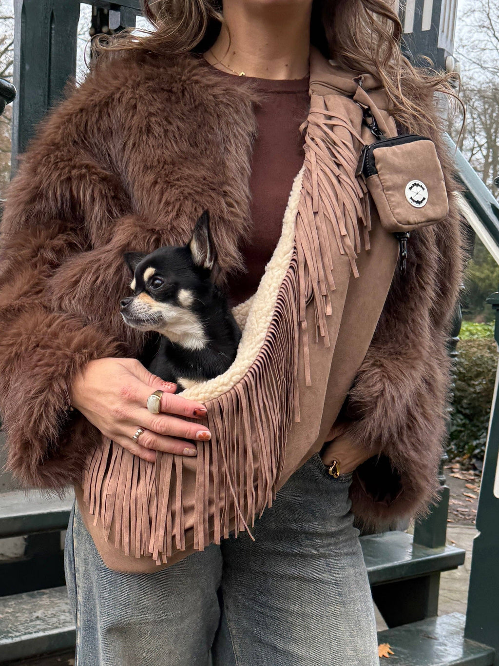 Fringe sling dog carrier bag