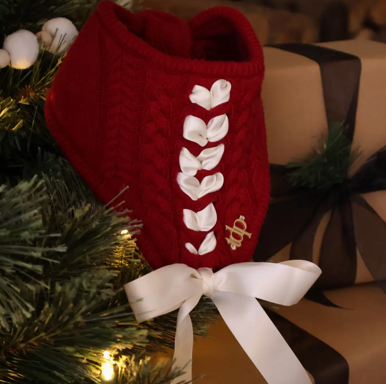 Deluxe pup knitted bandana -Holly Bow Bandana