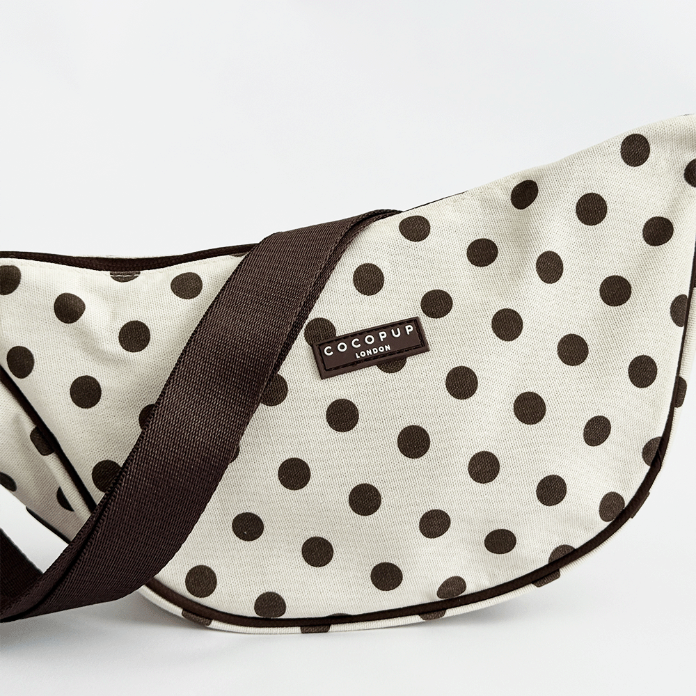 Crossbody Crescent Dog Walking Bag - Tiramisu Polka Dot